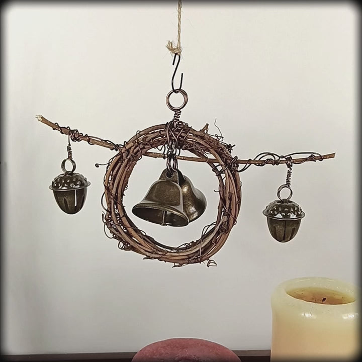 Rustic Witch's Bell Wreath Curved Twig Acorn Bells Handmade Cleansing Protection Pagan Wiccan Decoration Sacred Space Nature Primitive | Woot & Hammy