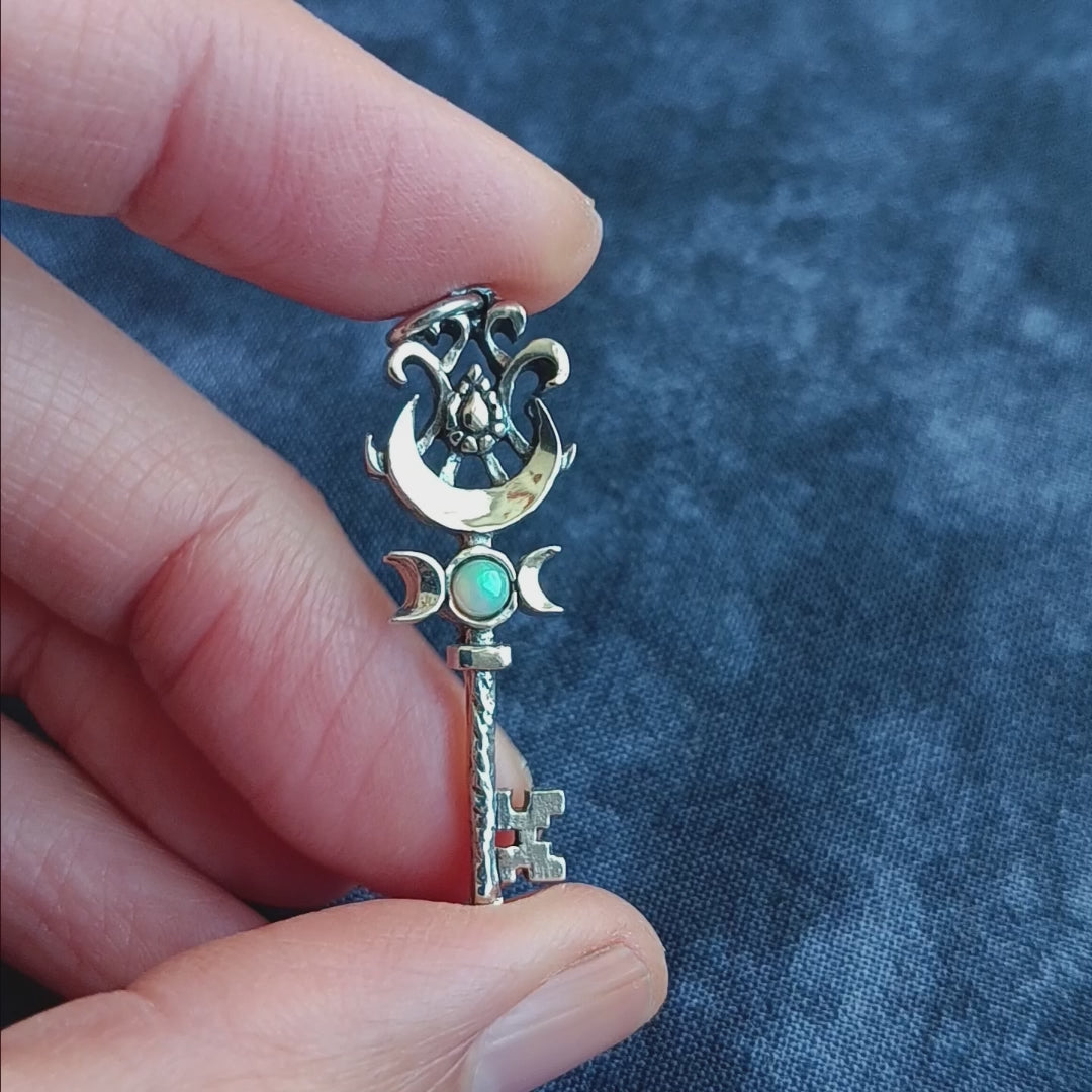 Old-Fashioned Key Pendant With Triple Moon, Crescent & Opal Cabochon, Handmade
