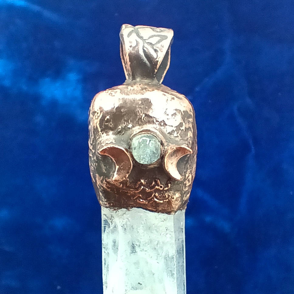 Clear Quartz Copper Pendant Triple Moon Runes  - Slightly Imperfect, Read Description