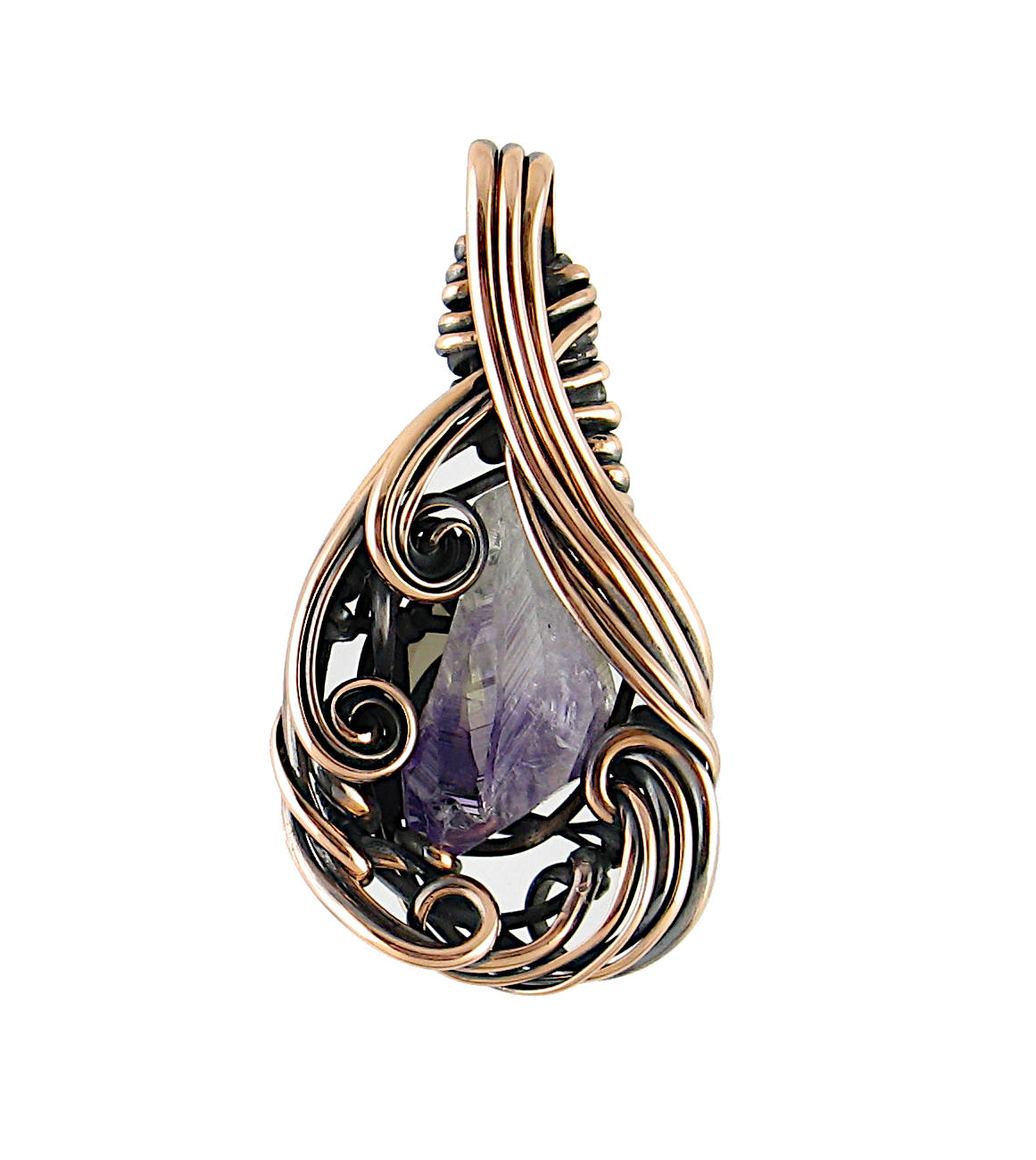 Freeform Swirl Raw Amethyst Crystal Oxidized Copper Pendant Wire Wrapped, 100% Handmade OOAK, Style A
