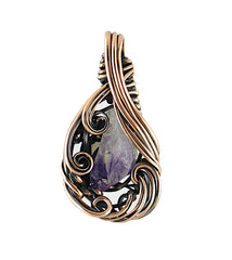 Freeform Swirl Raw Amethyst Crystal Oxidized Copper Pendant Wire Wrapped, 100% Handmade OOAK, Style A