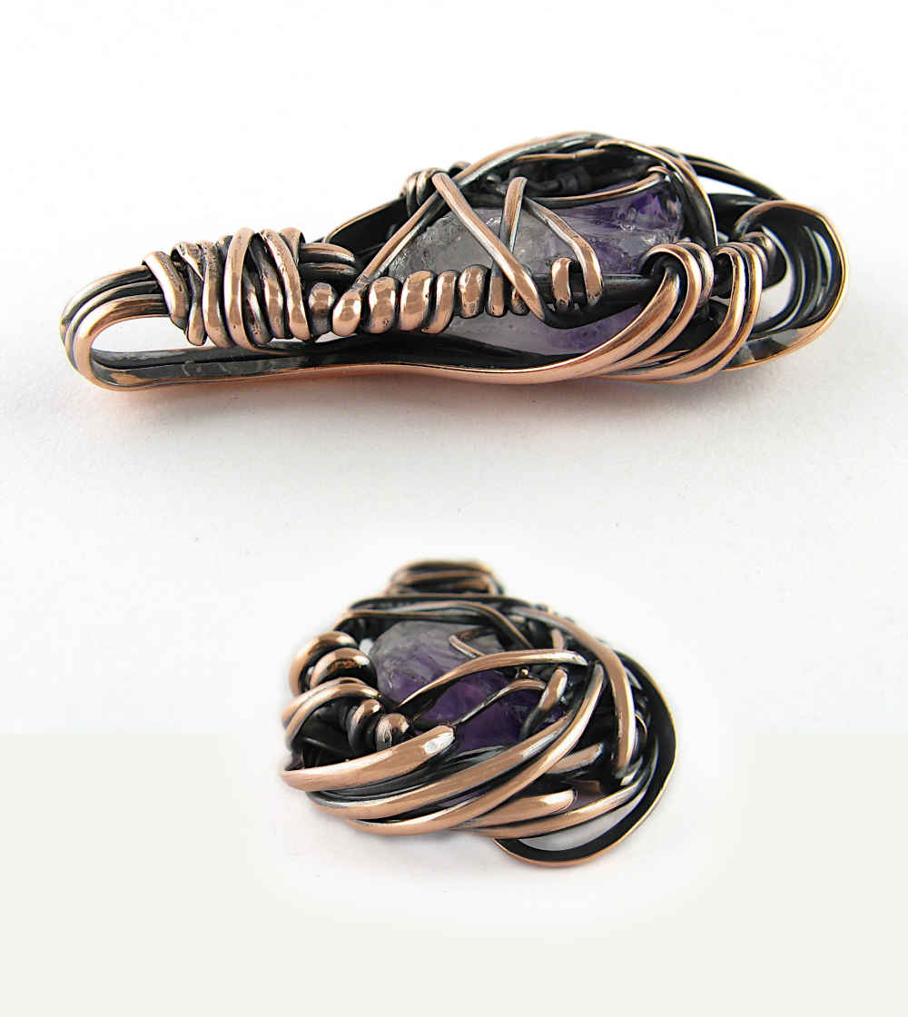 Fancy Raw Amethyst Pendant Wrapped In Oxidized Copper Wire Handmade Style A | Woot & Hammy