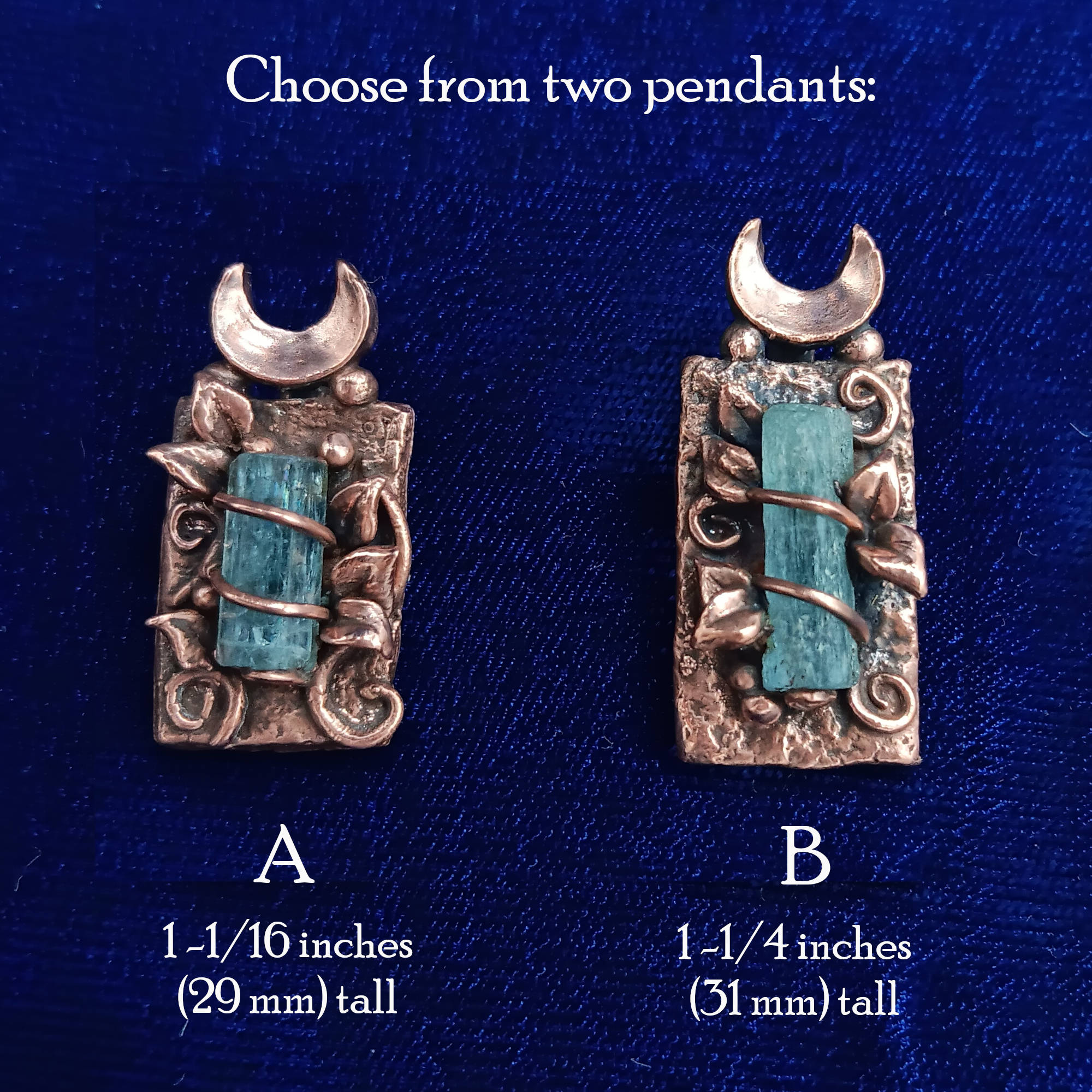 Handmade Raw Aquamarine Crystal Moon Pendant in Copper, choose from two options