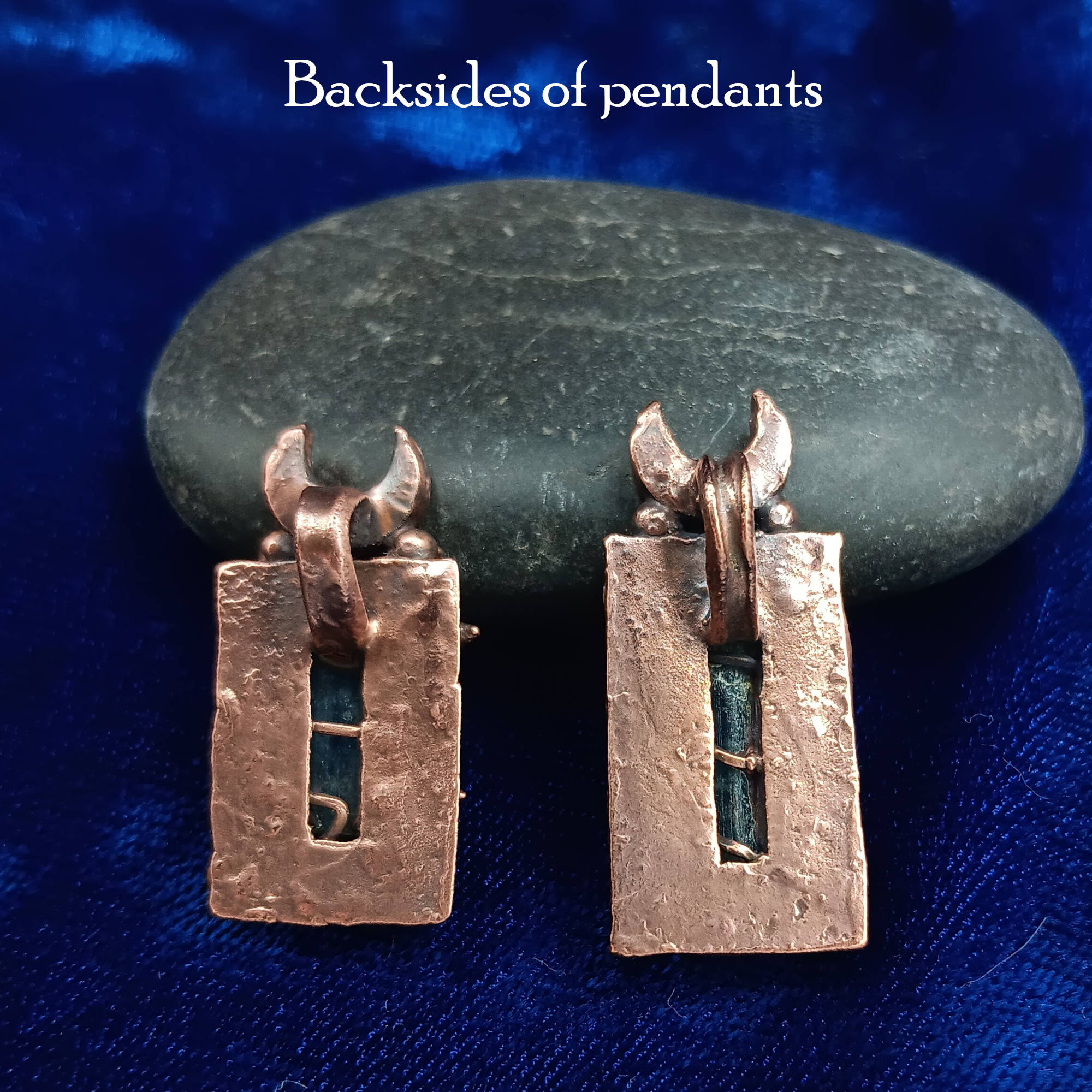 Handmade Raw Aquamarine Crystal Moon Pendant in Copper, showing backsides