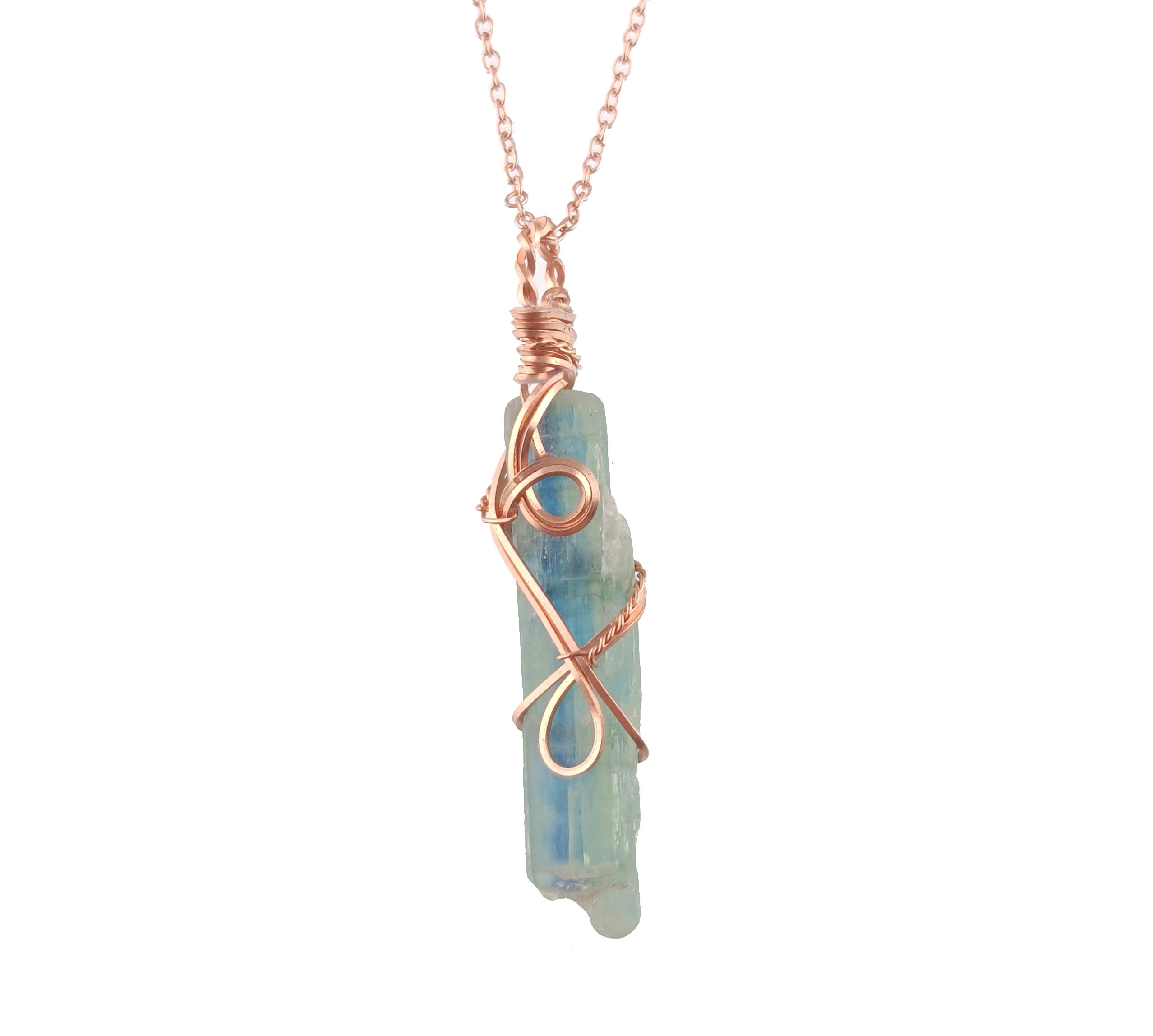 Raw Blue Kyanite Crystal Pendant Necklace w/ 2 Swirls, Copper Wire-Wrapped, Handmade white background