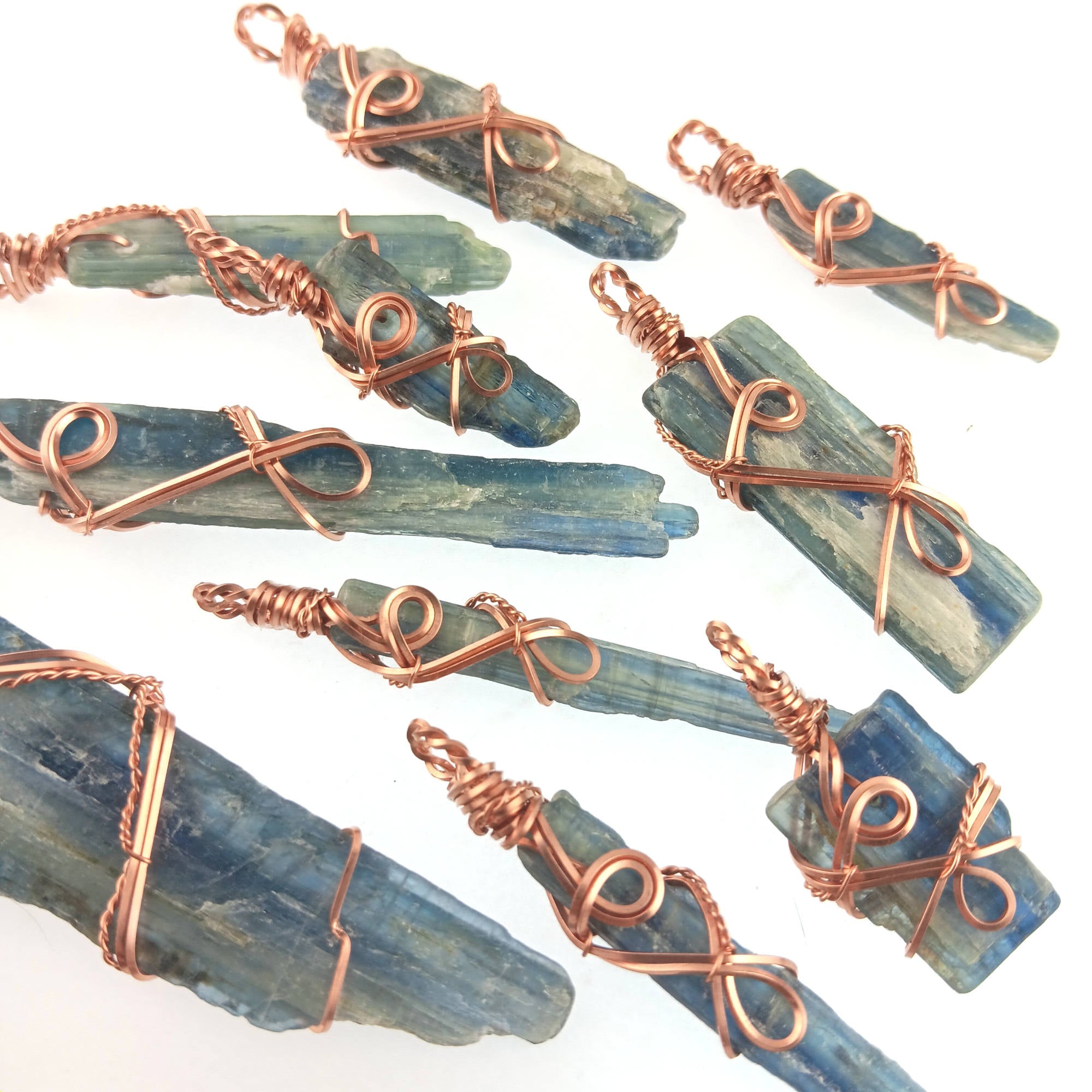 Raw Blue Kyanite Crystal Pendant Necklace w/ 2 Swirls, Copper Wire-Wrapped, Handmade all angles