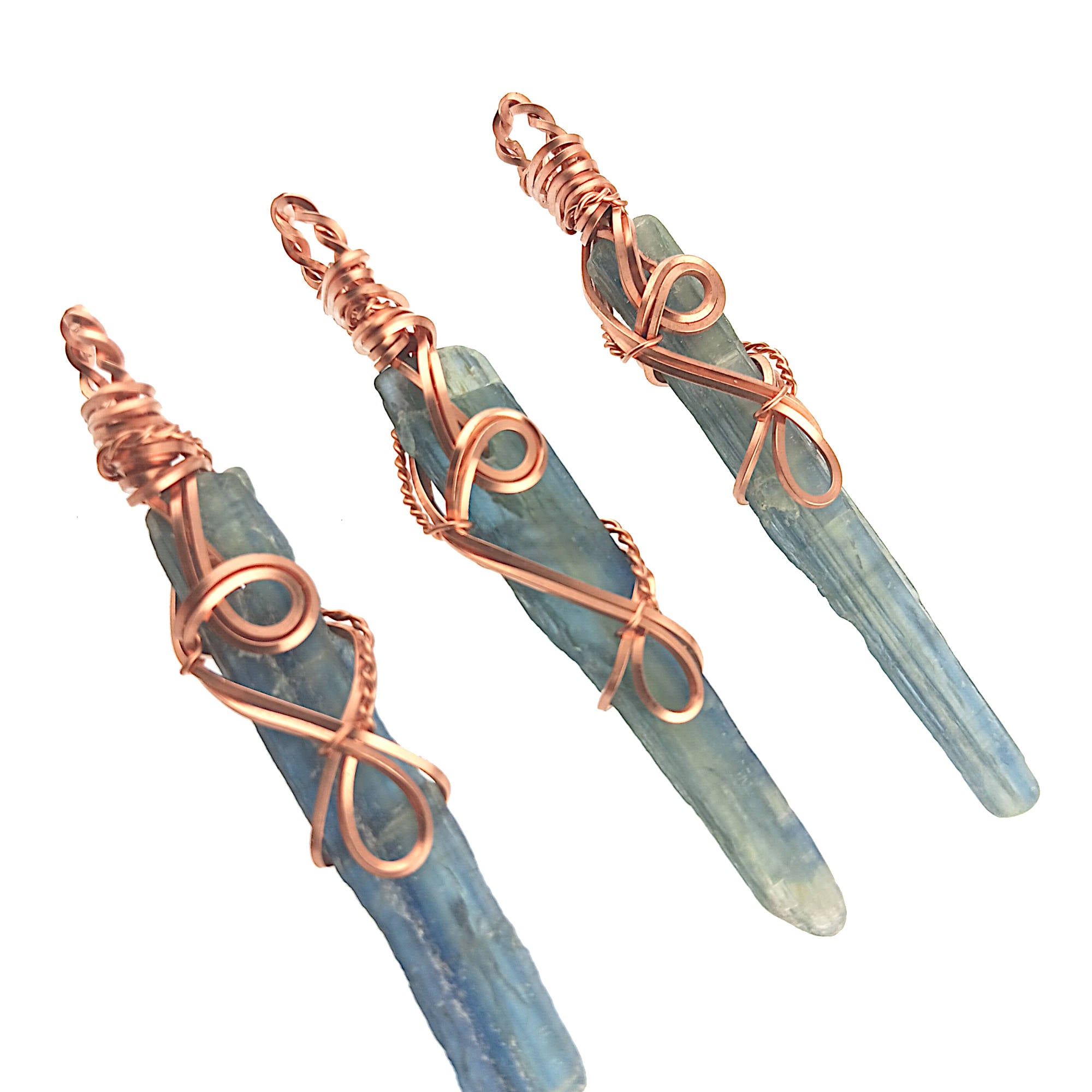 Raw Blue Kyanite Crystal Pendant Necklace w/ 2 Swirls, Copper Wire-Wrapped, Handmade long narrow