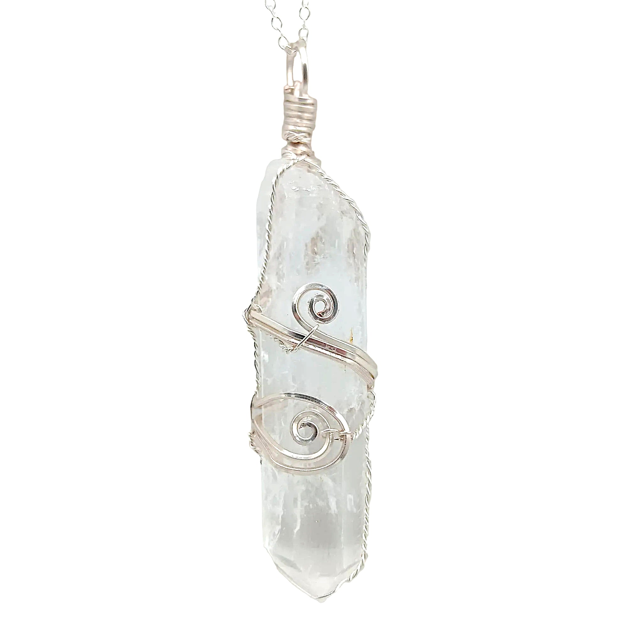 Raw Quartz Crystal Point Pendant – Silver-Plated Wire Wrapped Necklace, on white background