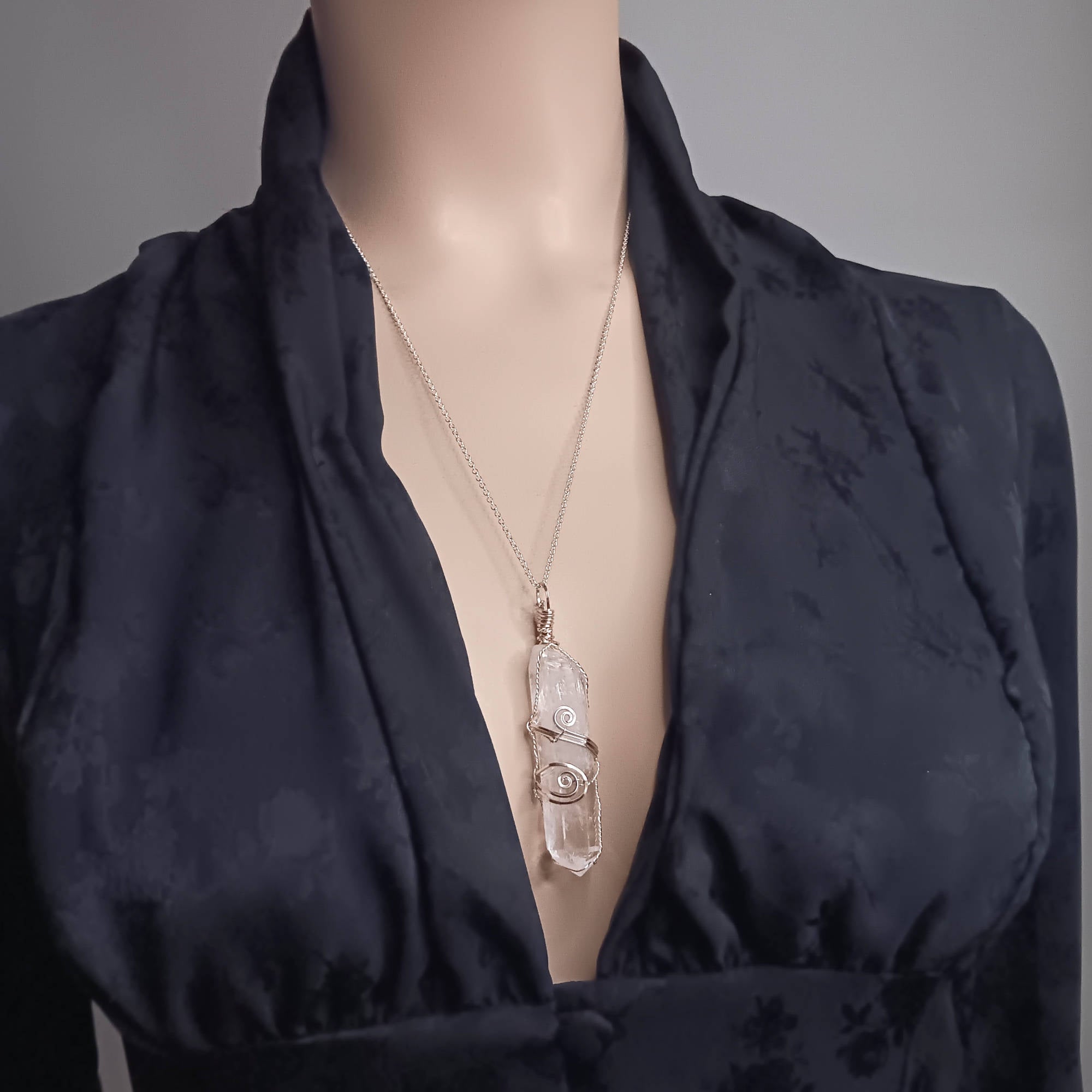 Raw Quartz Crystal Point Pendant – Silver-Plated Wire Wrapped Necklace, worn by model