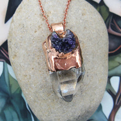 Copper-Capped Raw Quartz Point With Crescent-Shaped Amethyst Druzy Pendant with 20" Chain - Handmade | Woot & Hammy