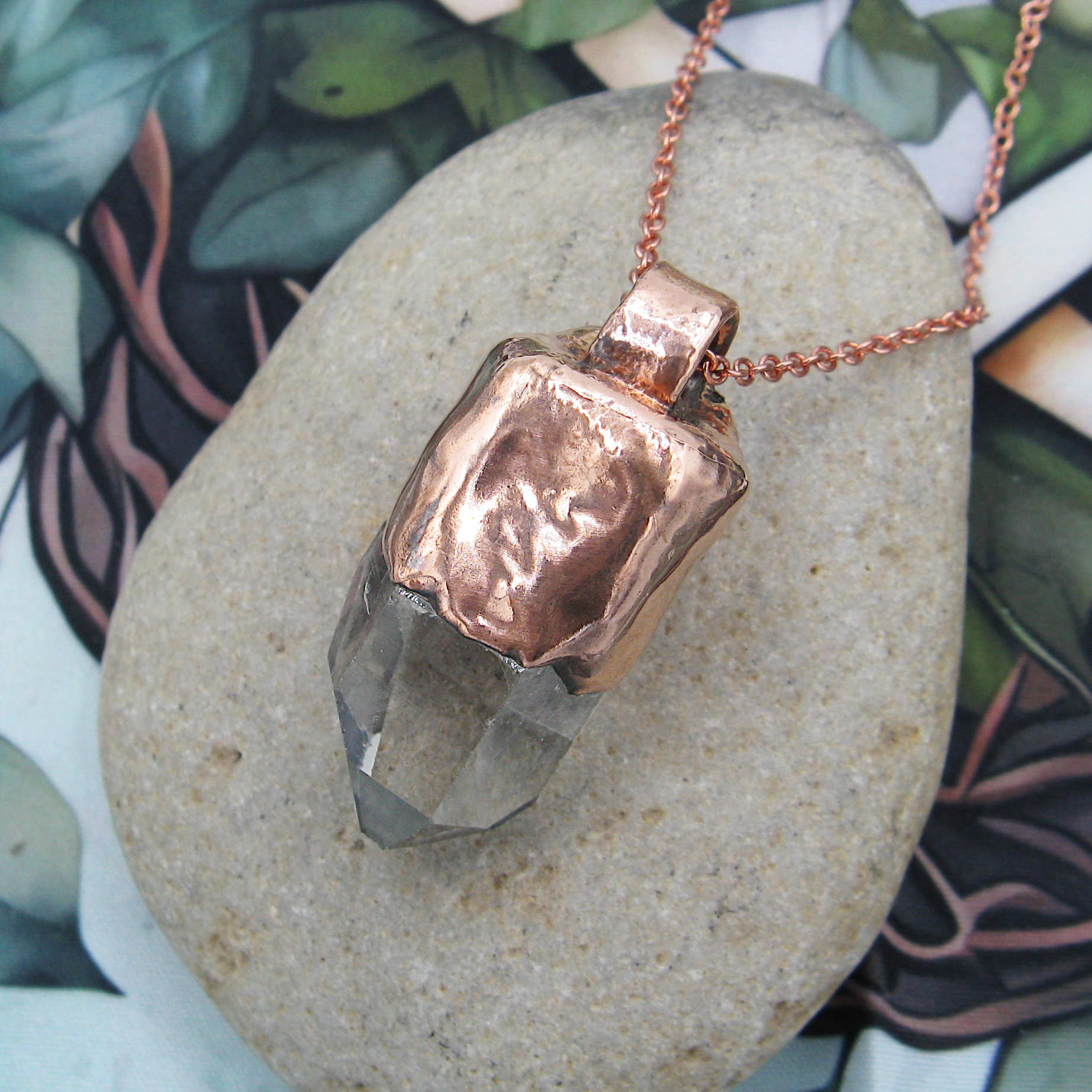 Copper-Capped Raw Quartz Point With Crescent-Shaped Amethyst Druzy Pendant with 20" Chain - Handmade | Woot & Hammy