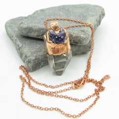 Copper-Capped Raw Quartz Point With Crescent-Shaped Amethyst Druzy Pendant with 20" Chain - Handmade | Woot & Hammy