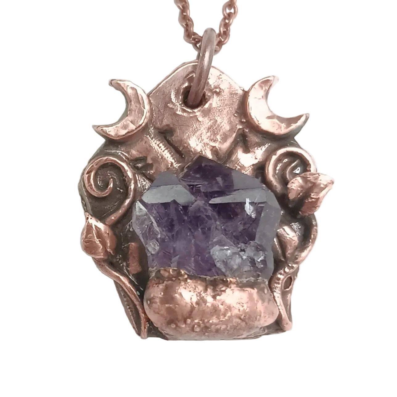 Raw Tanzanian Amethyst Crystal Rune Copper Necklace, Electroformed Pendant, on white background