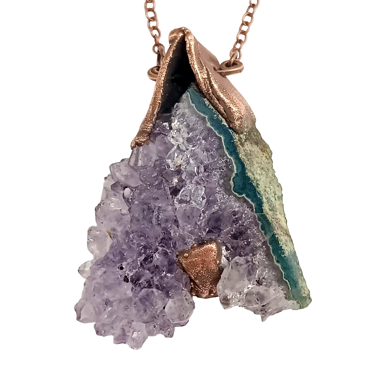 Raw triangle amethyst stalactite copper electroformed pendant on white background