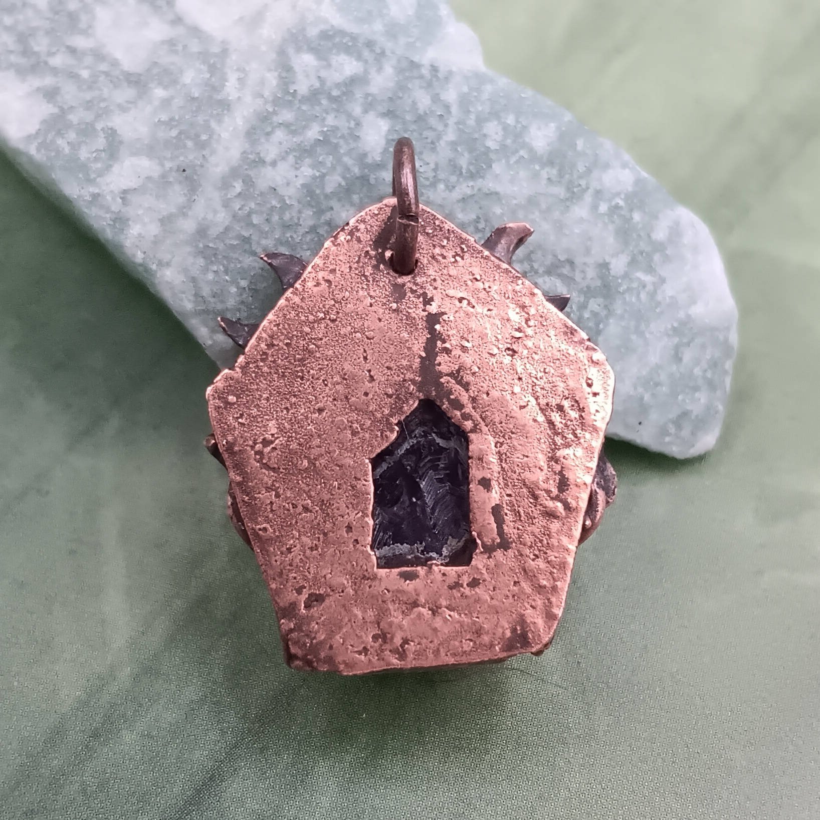 Raw Tanzanian Amethyst Crystal Rune Copper Necklace, Electroformed Pendant, backside