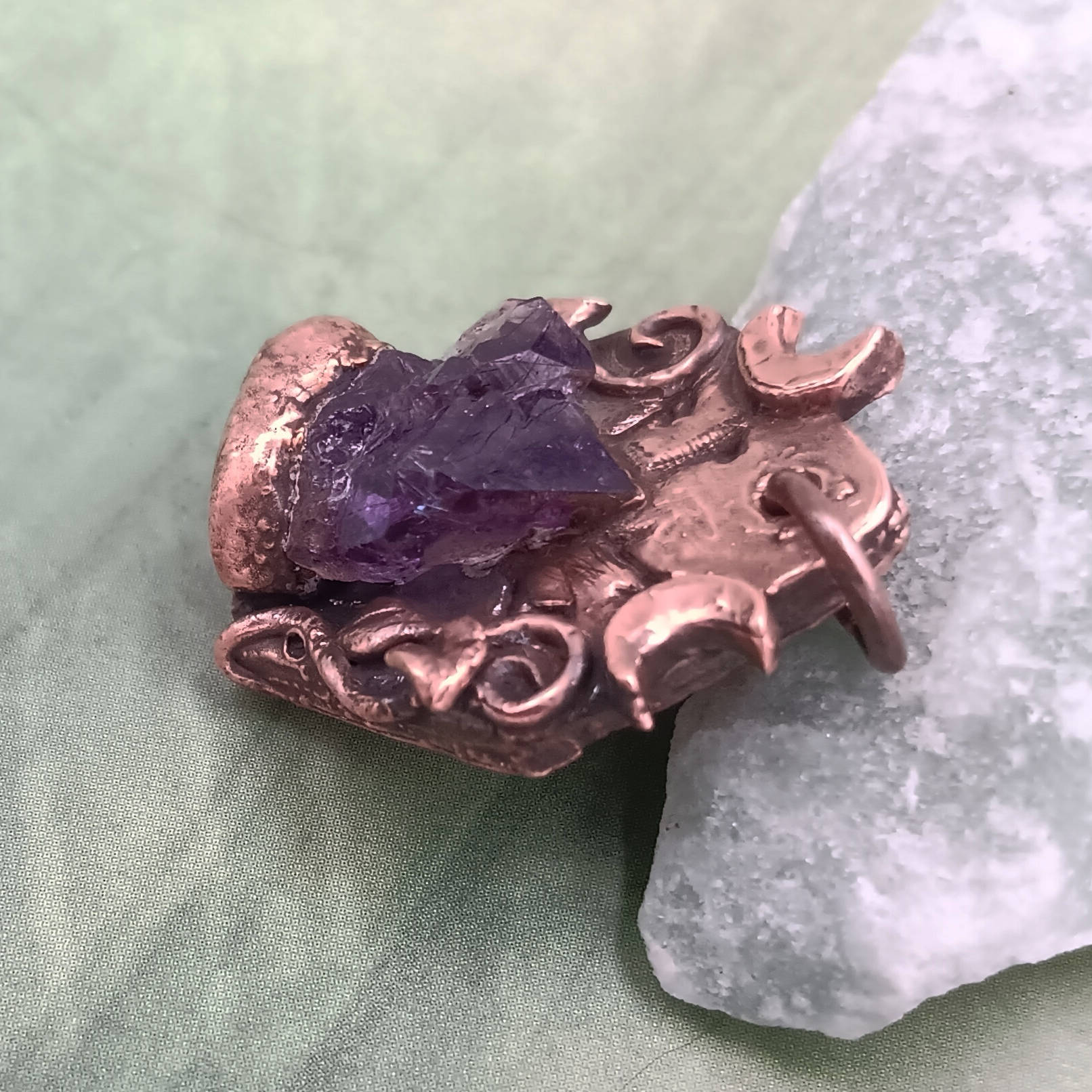 Raw Tanzanian Amethyst Crystal Rune Copper Necklace, Electroformed Pendant, view from side
