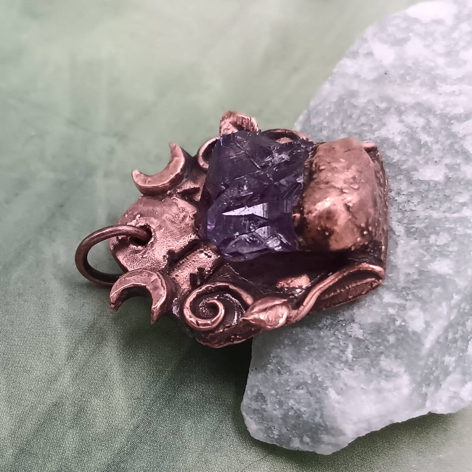 Raw Tanzanian Amethyst Crystal Rune Copper Necklace, Electroformed Pendant, view from other side