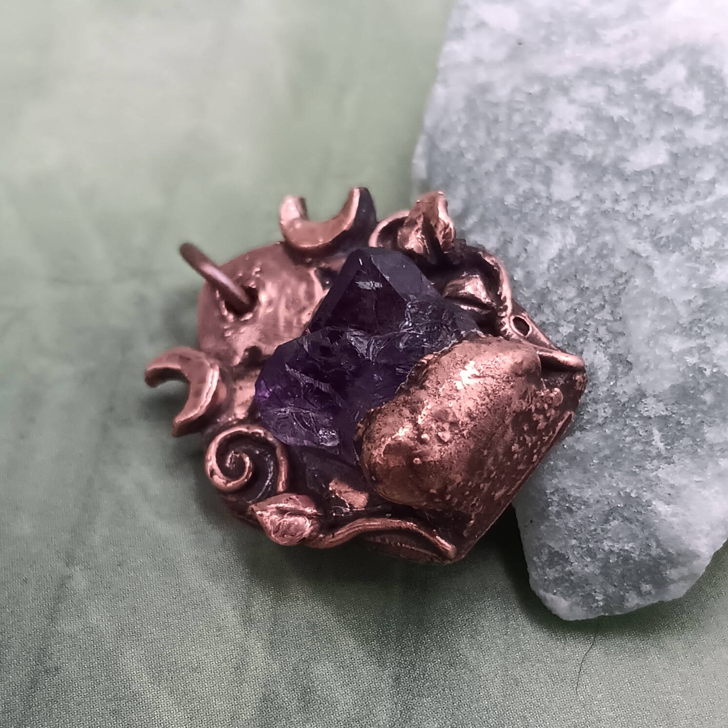 Raw Tanzanian Amethyst Crystal Rune Copper Necklace, Electroformed Pendant, view of bottom