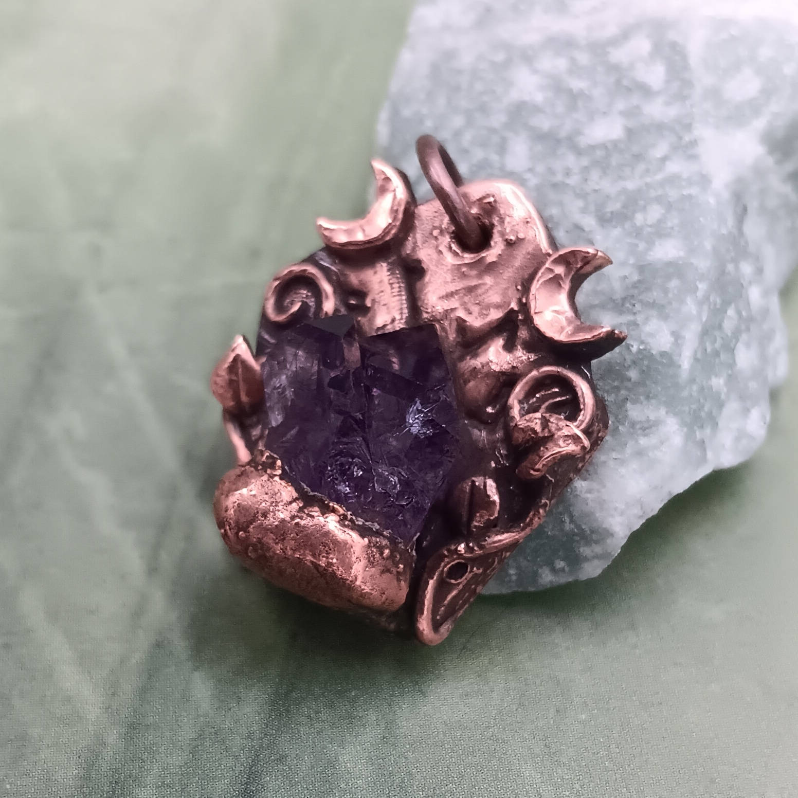 Raw Tanzanian Amethyst Crystal Rune Copper Necklace, Electroformed Pendant, viewed at an angle