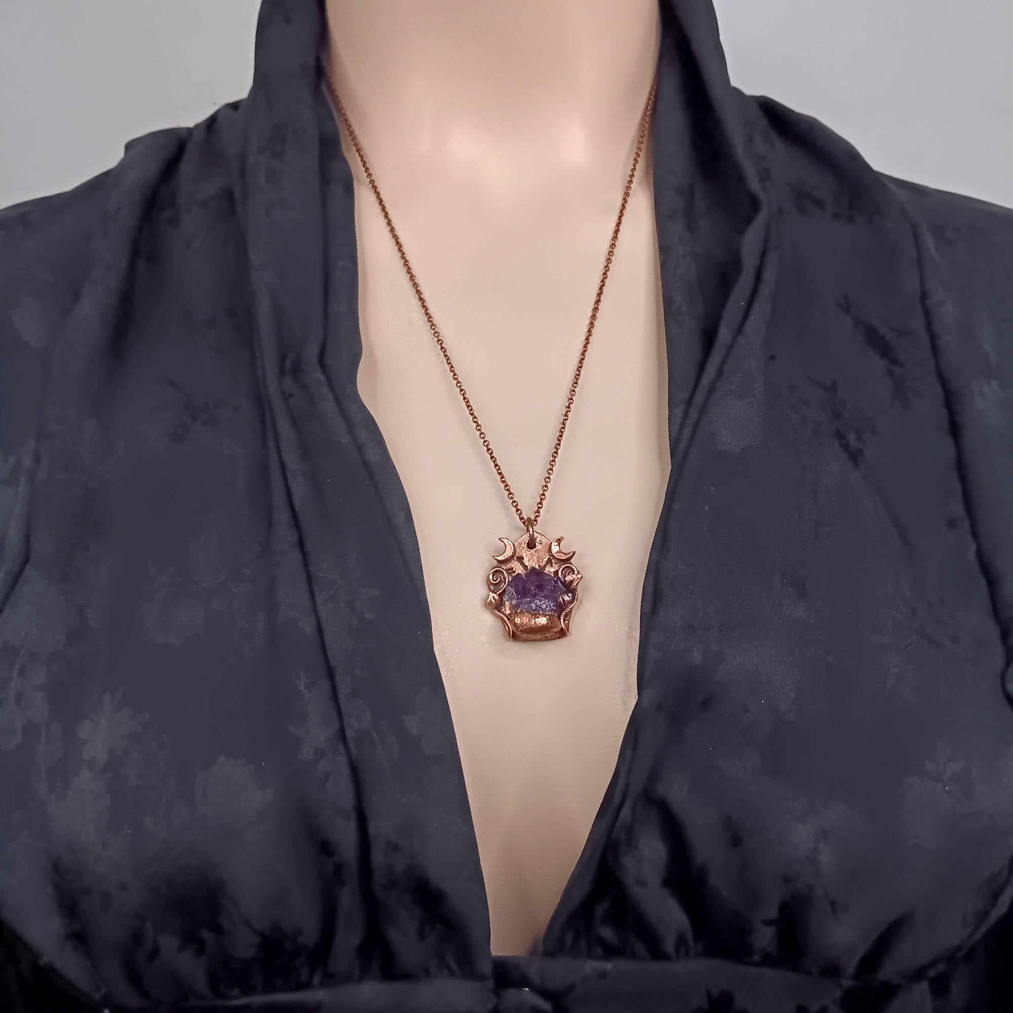 Raw Tanzanian Amethyst Crystal Rune Copper Necklace, Electroformed Pendant, worn by a model