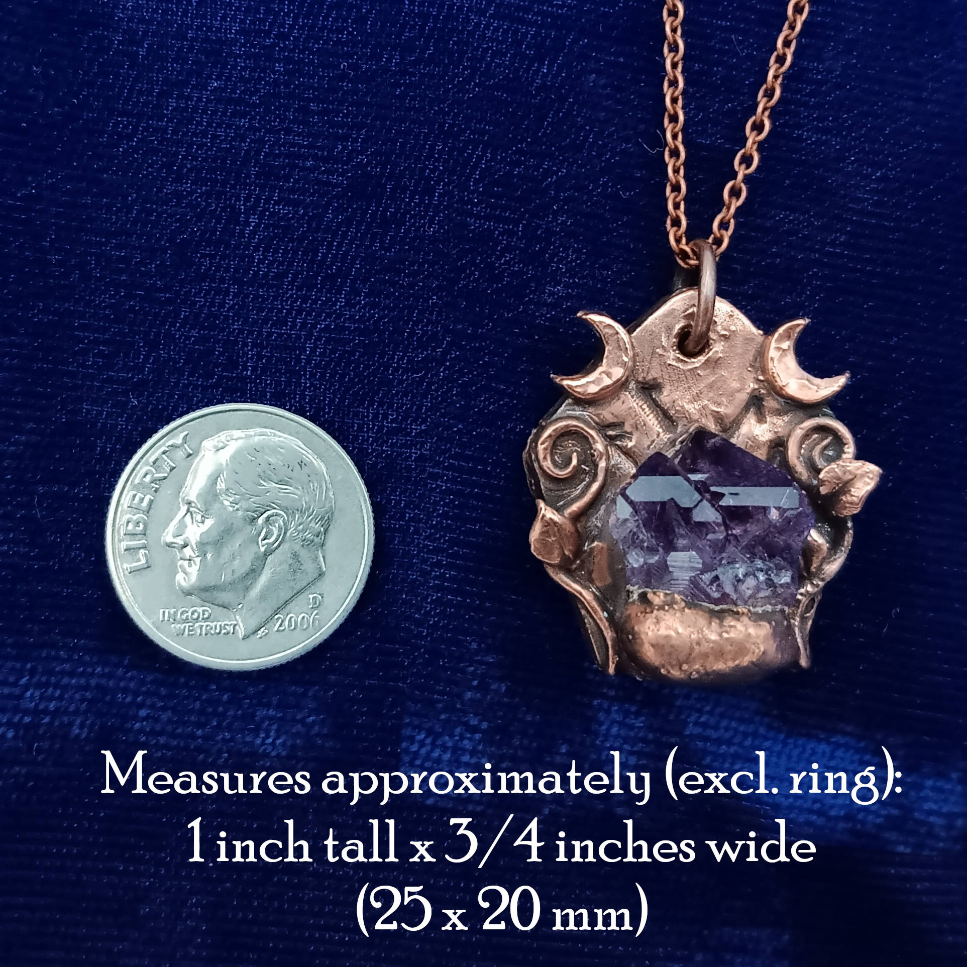 Raw Tanzanian Amethyst Crystal Rune Copper Necklace, Electroformed Pendant, compared to size of dime