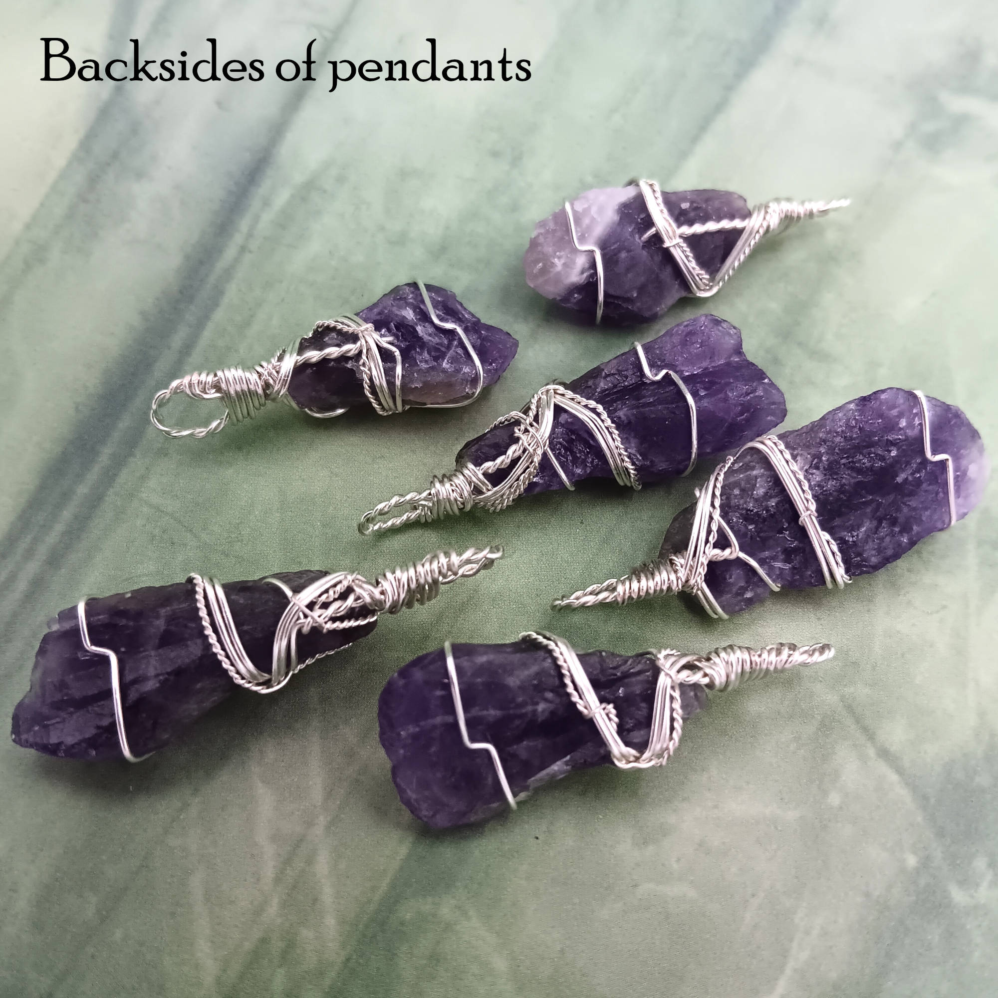 Raw Amethyst Crystal Point Pendant silver wire wrapped, backsides of pendants