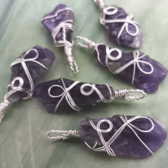 Raw Amethyst Crystal Point Pendant silver wire wrapped, showing different angles