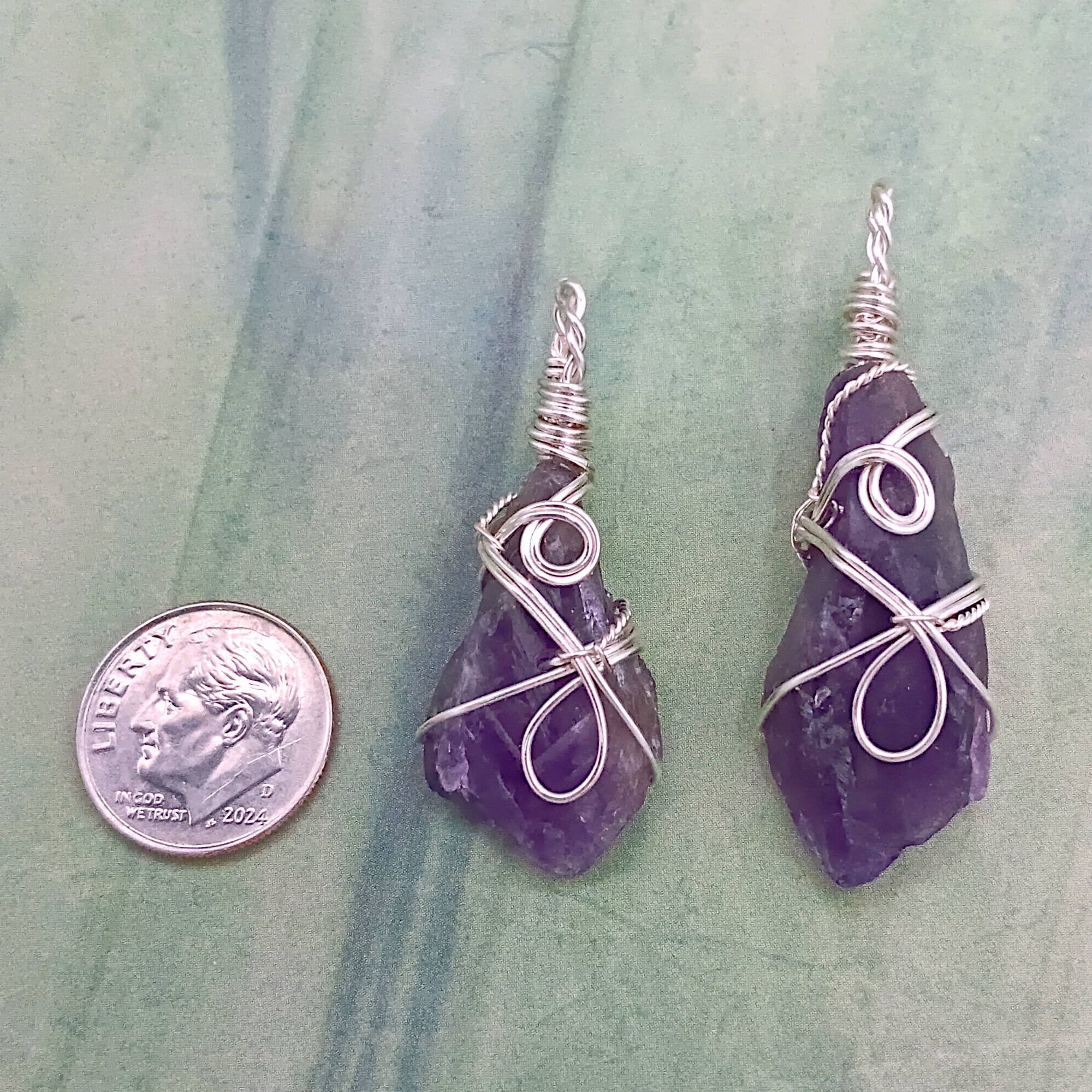 Raw Amethyst Crystal Point Pendant silver wire wrapped, compared to size of a dime