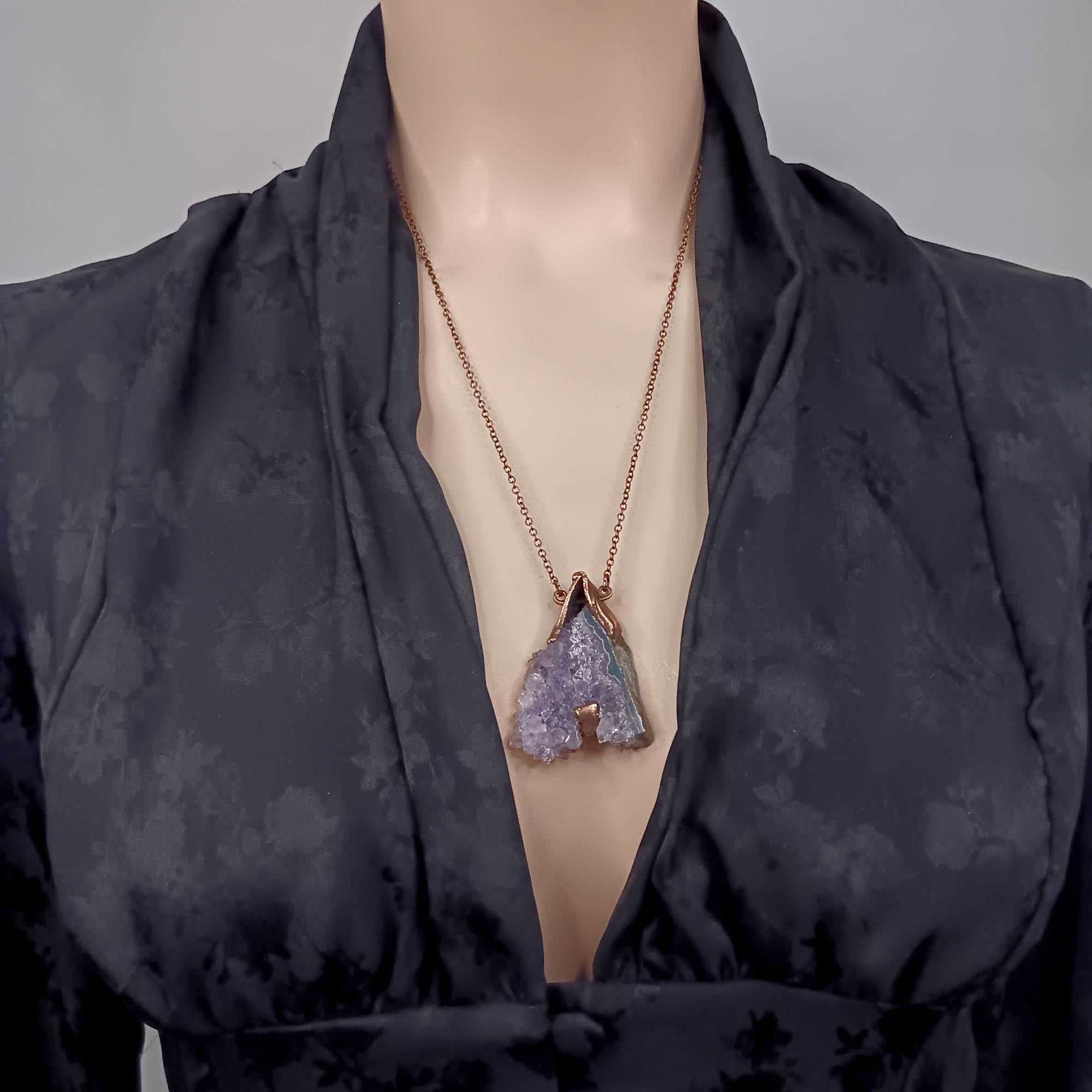 Raw Amethyst Stalactite Slice Pendant Necklace – Electroformed in Copper (Reversible)