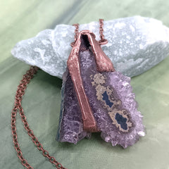Raw triangle amethyst stalactite copper electroformed pendant backside of pendant 