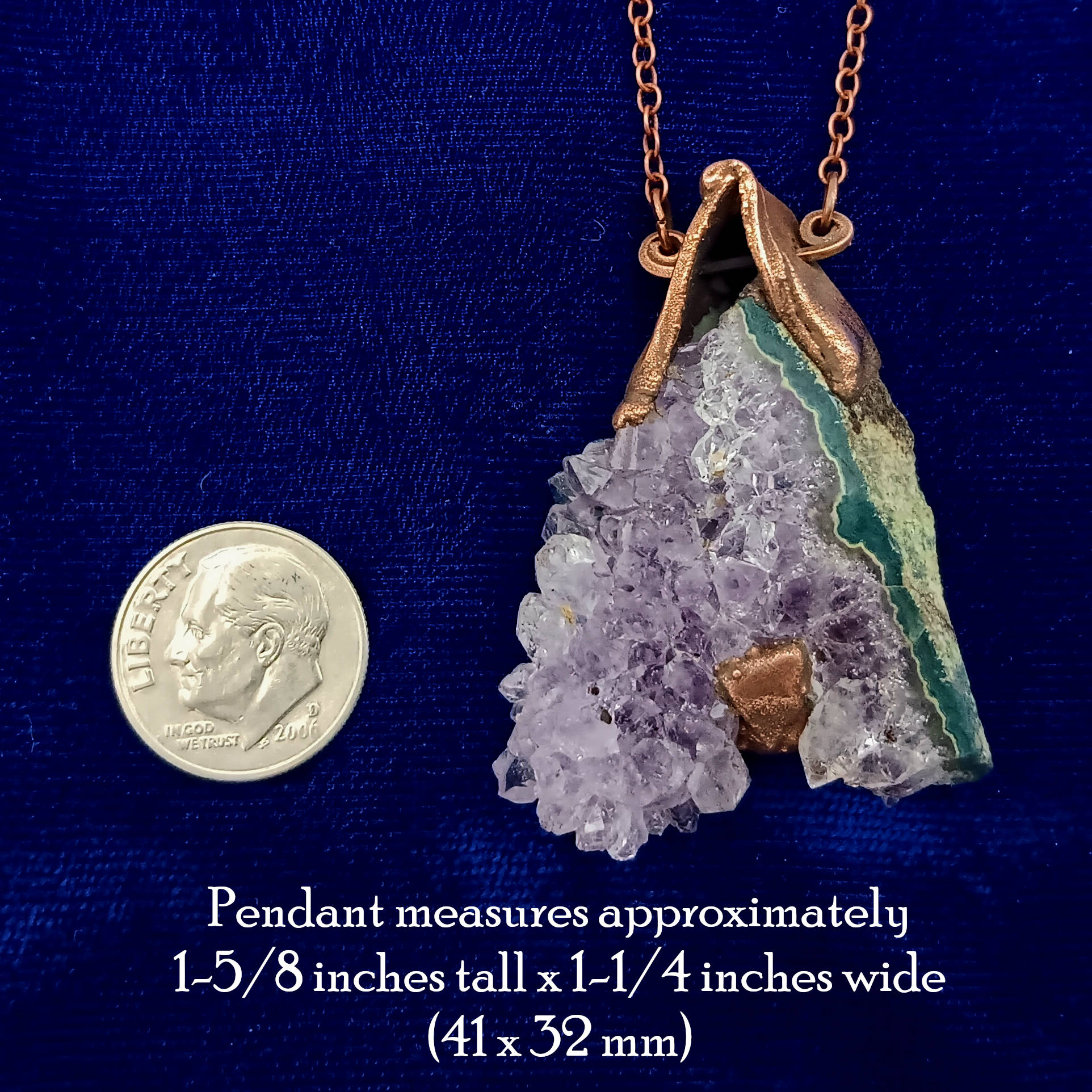 Raw triangle amethyst stalactite copper electroformed pendant compared to size of dime