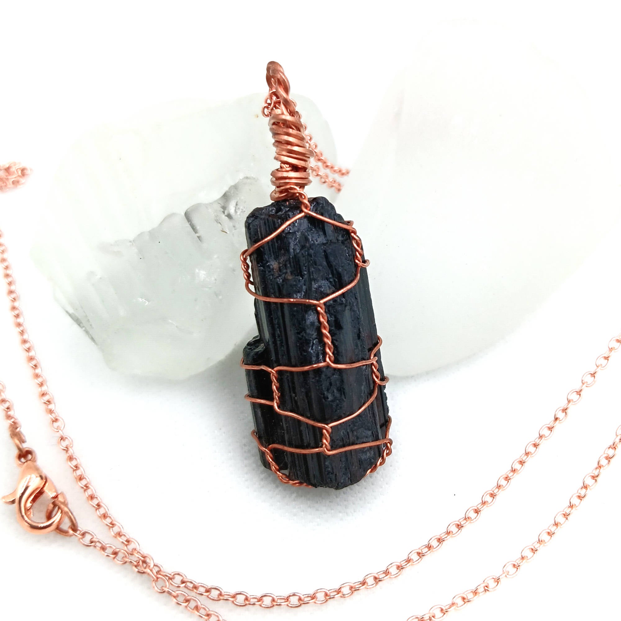 Raw black tourmaline pendant wire wrapped in copper on 20-inch chain