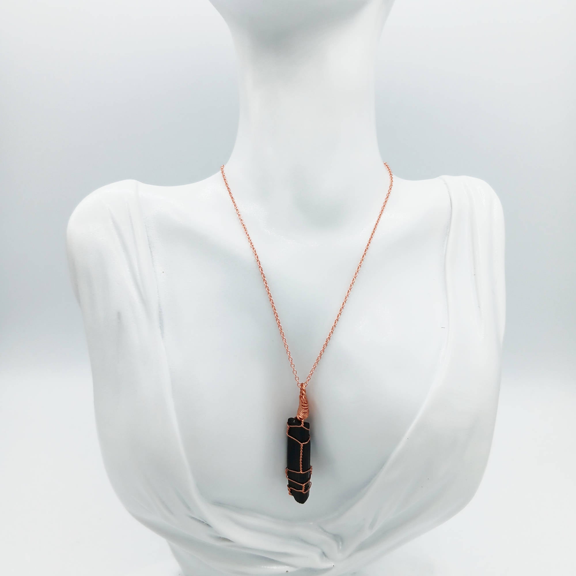 Raw Black Tourmaline Crystal Pendant Necklace, Copper Wire-Wrapped, Handmade
