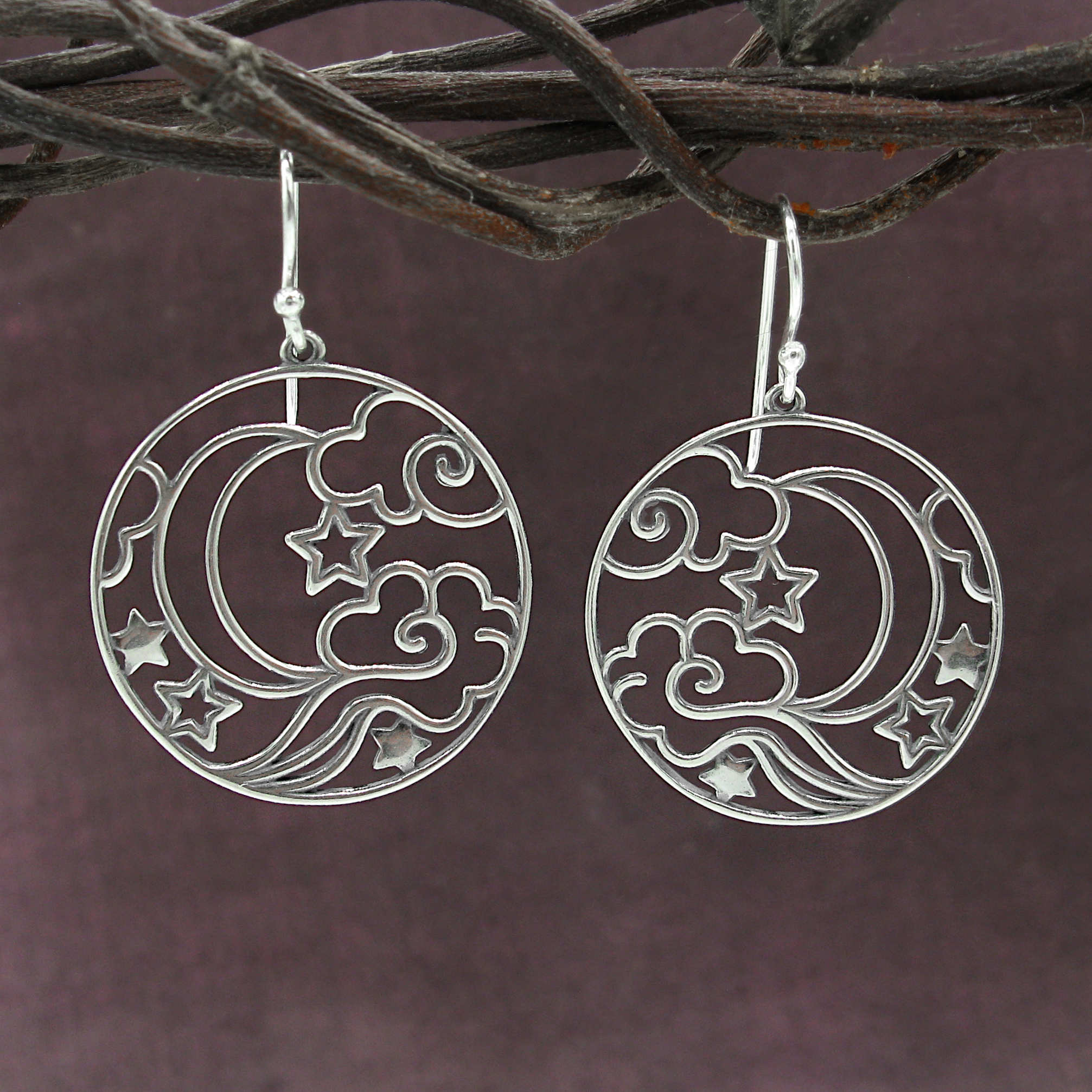 Round Cut-Out Celestial Crescent Moon Stars Clouds Drop Earrings | Woot & Hammy