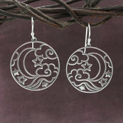 Round Cut-Out Celestial Crescent Moon Stars Clouds Drop Earrings | Woot & Hammy