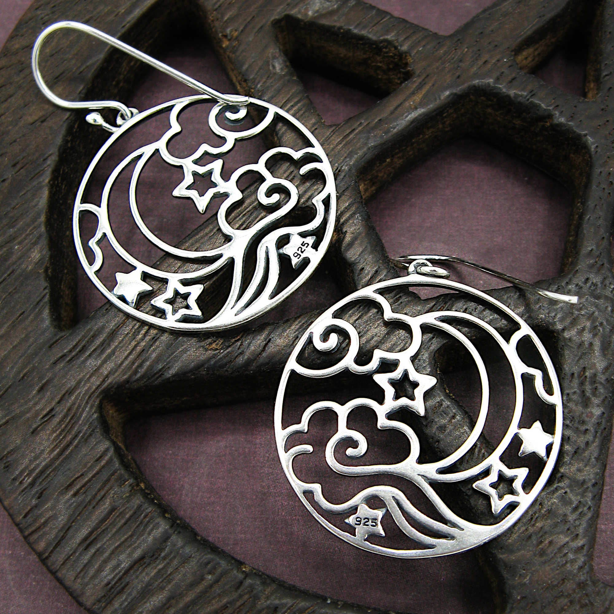 Round Cut-Out Celestial Crescent Moon Stars Clouds Drop Earrings | Woot & Hammy