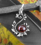 Leafy Vine Pendant w/ Garnet Cabochon Curling Scroll Floral Nature Jewelry Wedding Bridesmaid Gift front view