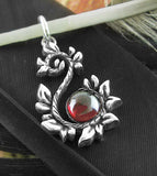 Leafy Vine Pendant w/ Garnet Cabochon Curling Scroll Floral Nature Jewelry Wedding Bridesmaid Gift laying flat