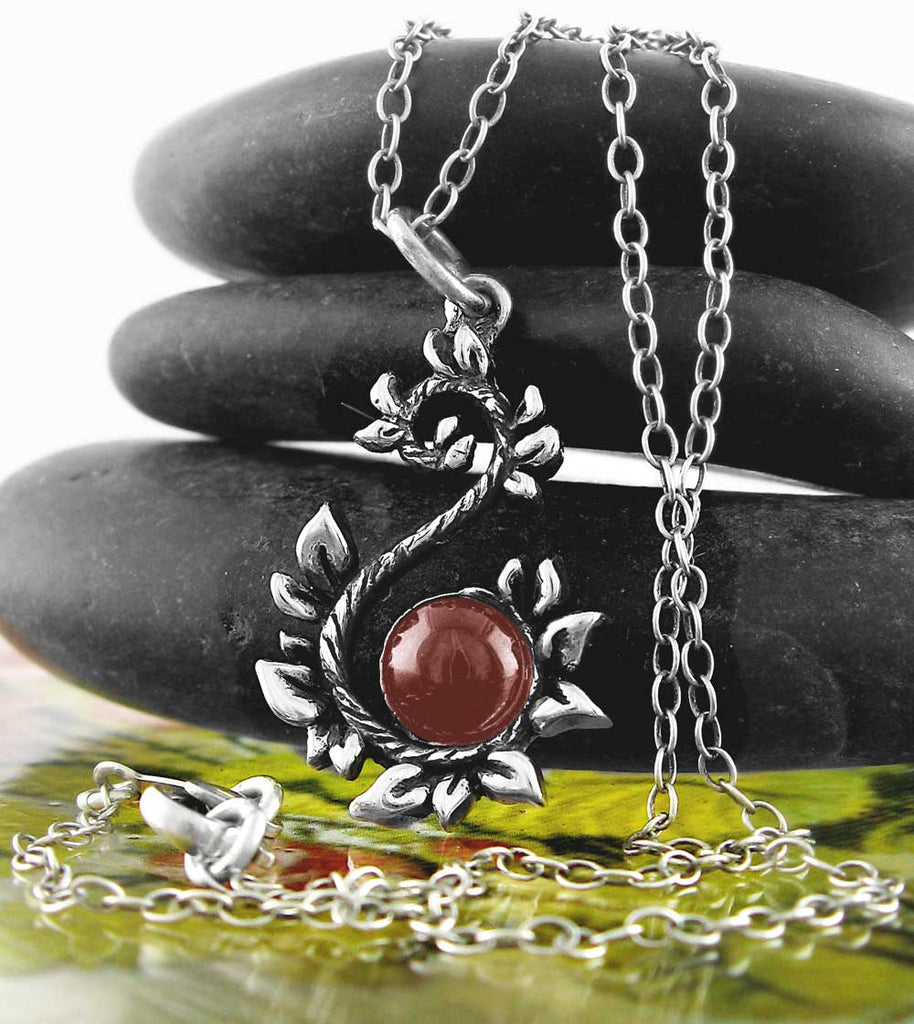 Leafy Vine Pendant w/ Garnet Cabochon Curling Scroll Floral Nature Jewelry Wedding Bridesmaid Gift with chain
