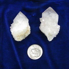 Close up picture of two Spirit Quartz crystals next to a dime to show scale on dark background.