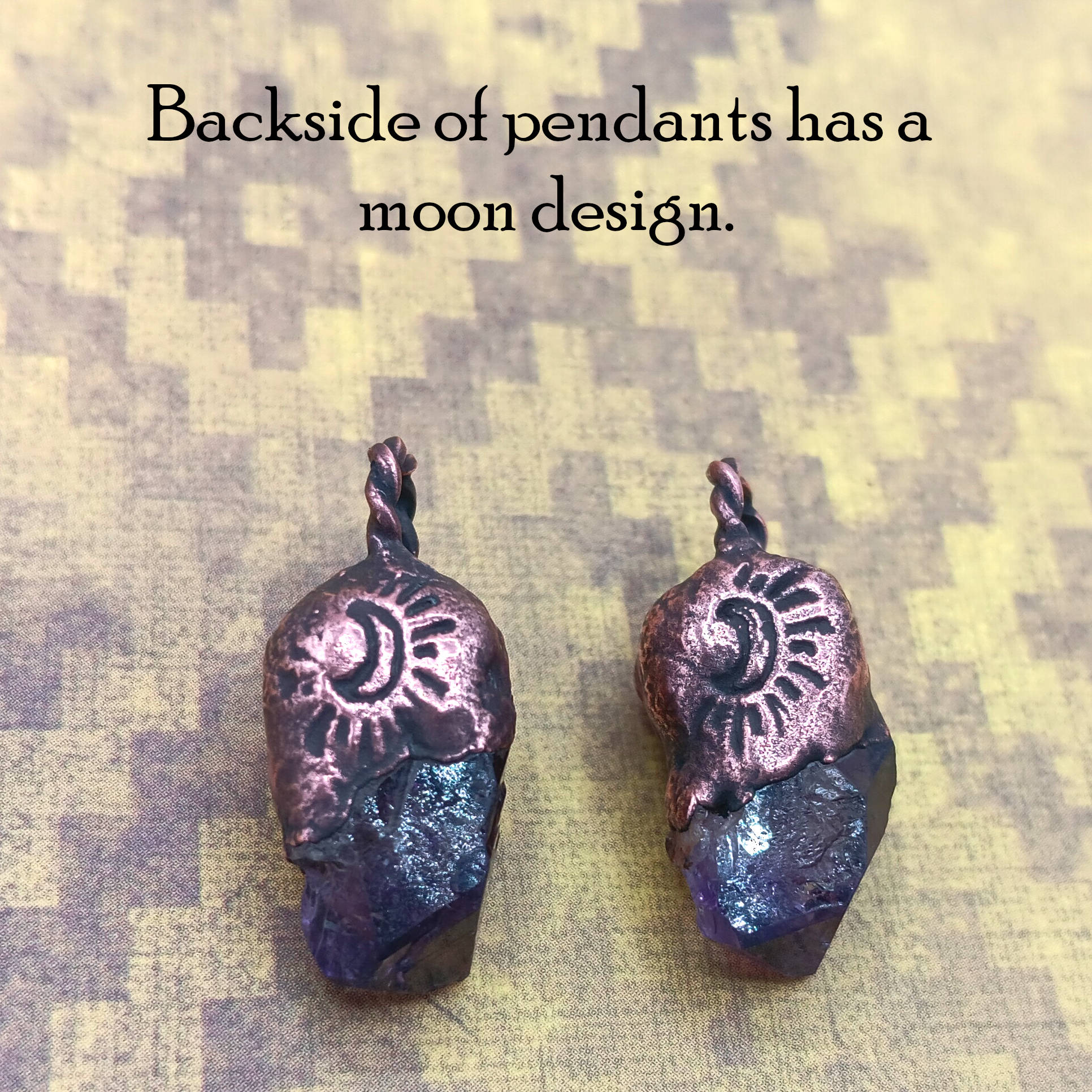tiny raw amethyst crystal moonstone copper pendant backside with moon imprint