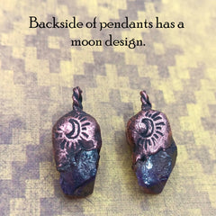 tiny raw amethyst crystal moonstone copper pendant backside with moon imprint