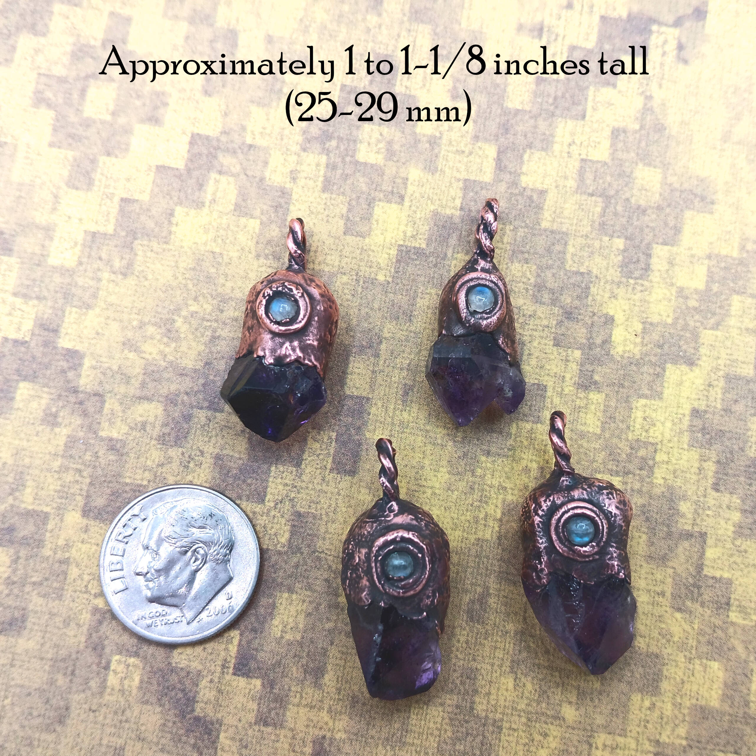 tiny raw amethyst crystal moonstone copper pendant compared to size of dime