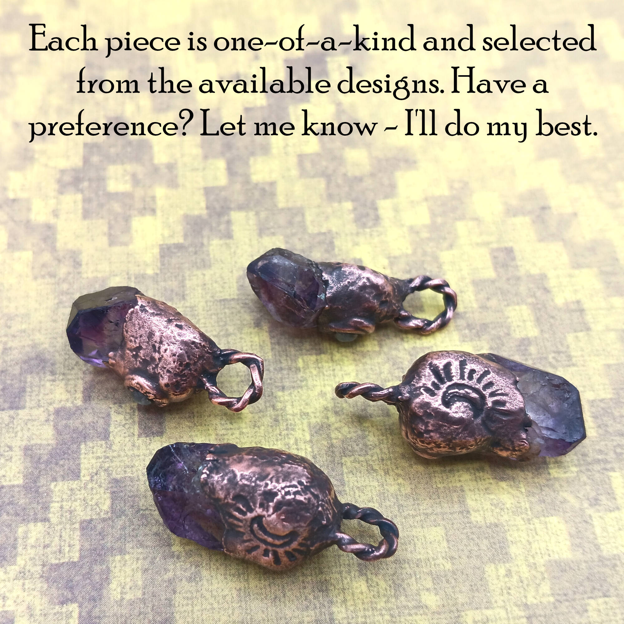 tiny raw amethyst crystal moonstone copper pendant scattered showing different angles