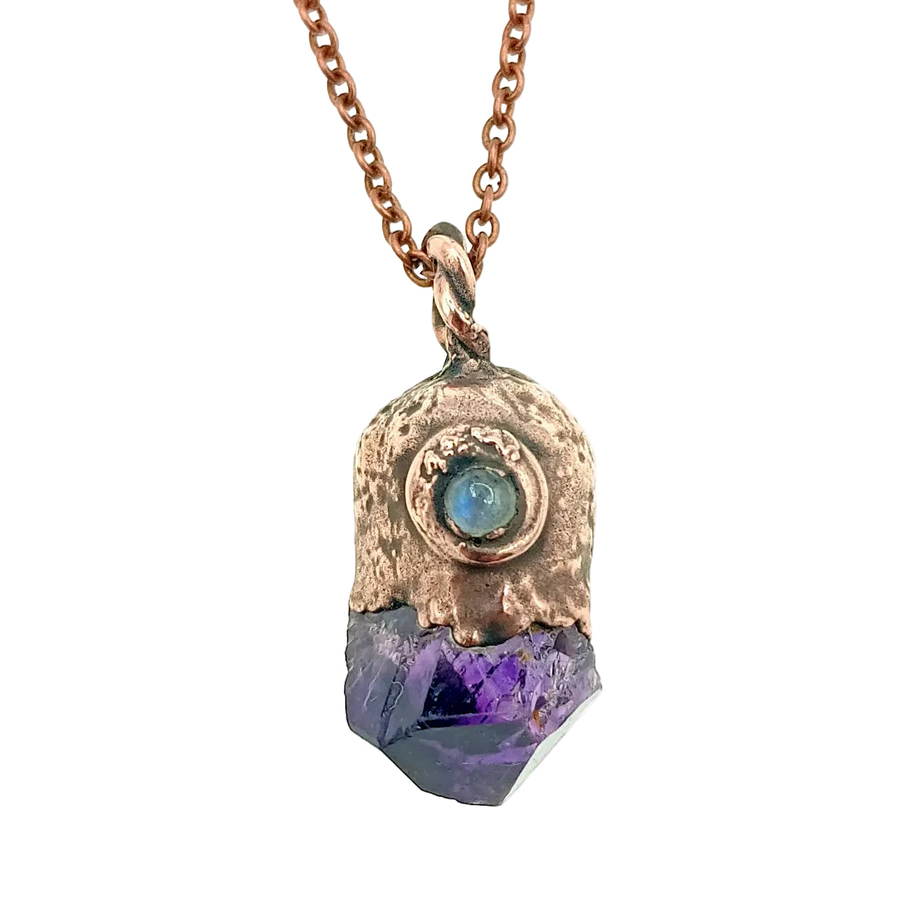 tiny raw amethyst crystal moonstone copper pendant on white background