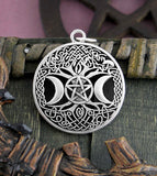 Keltischer Lebensbaum mit Dreifachmond und Pentagramm, Amulett-Anhänger aus Zinn