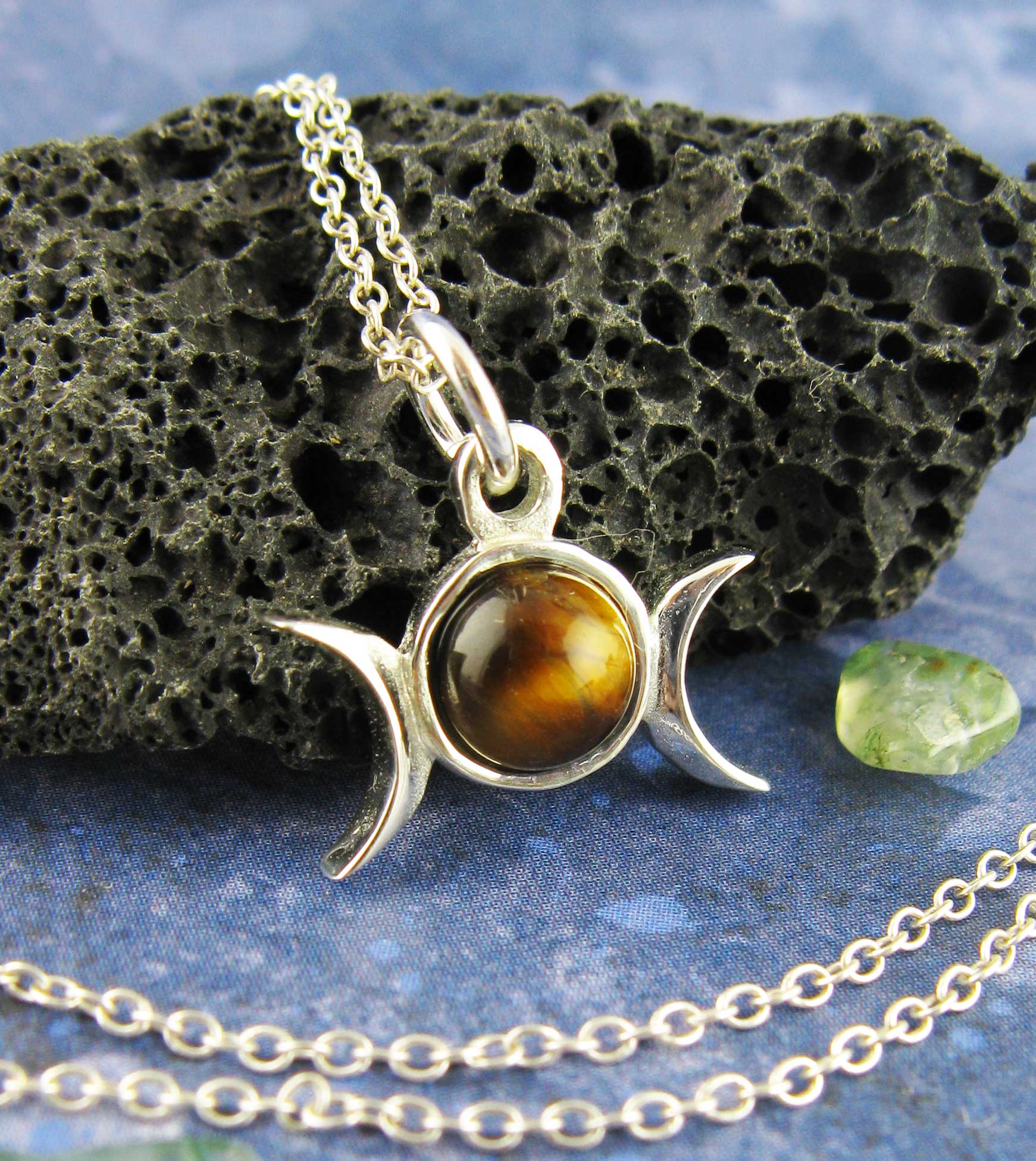 Little Triple Moon Charm Pendant w/ Gemstone, Handmade with chain