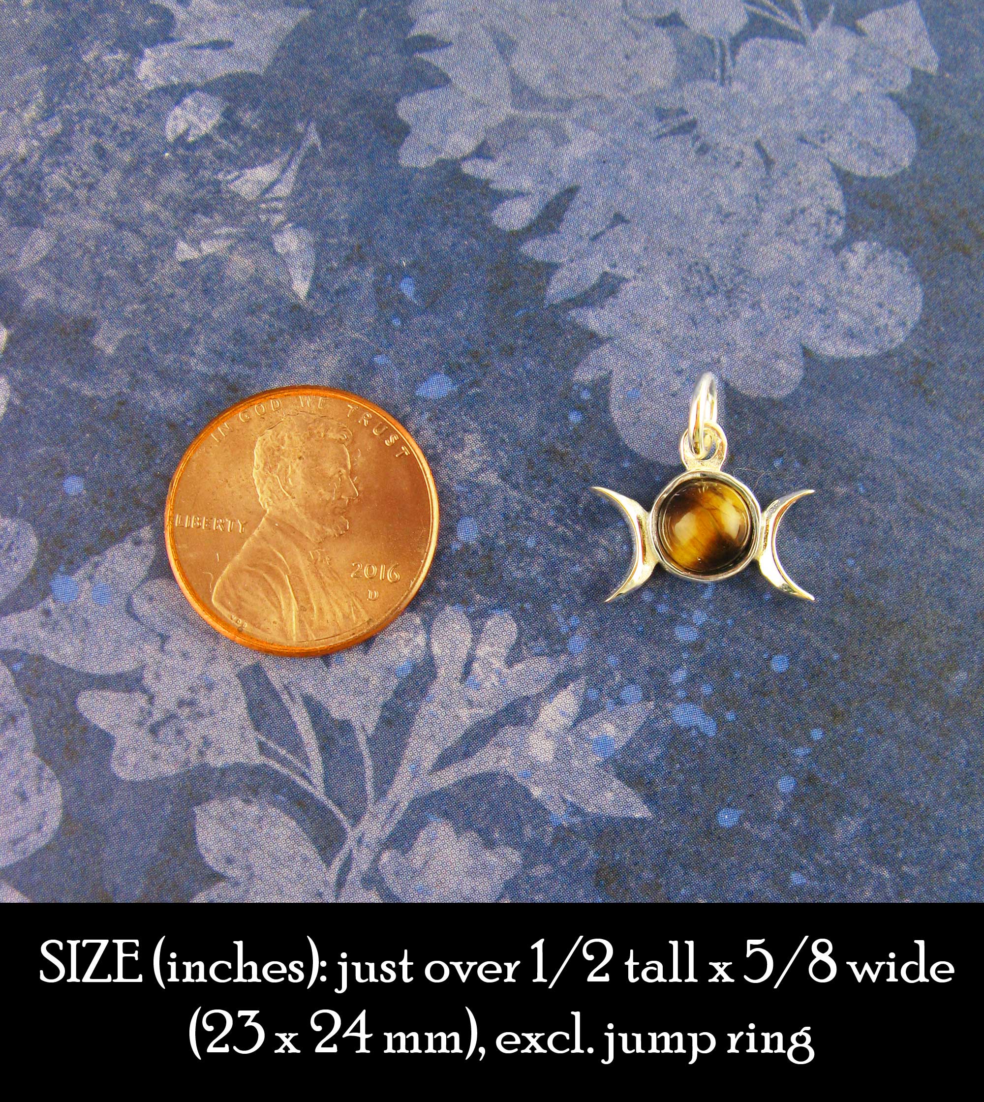 Little Triple Moon Charm Pendant w/ Gemstone, Handmade, size comparison with penny