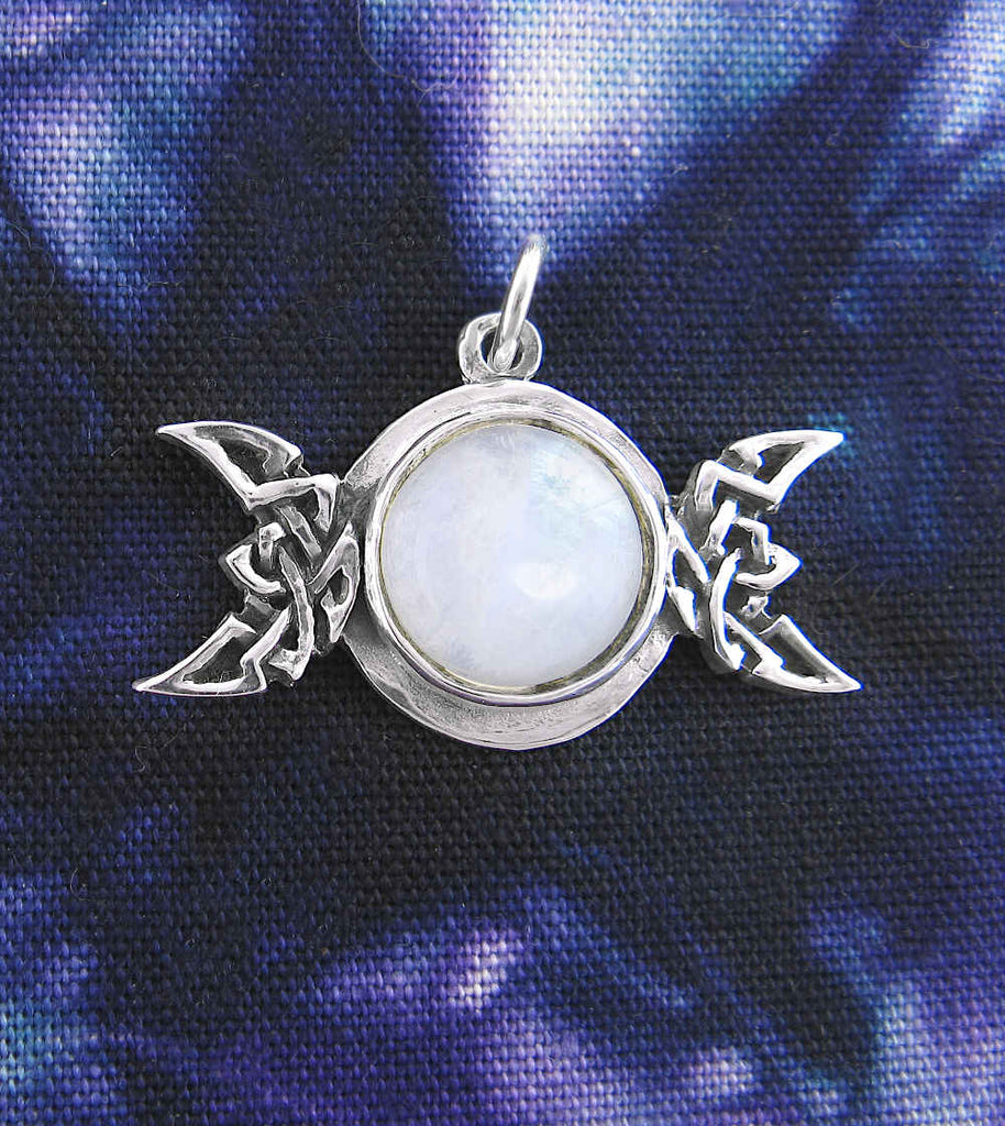 Celtic Triple Moon Goddess Pendant with Moonstone Cabochon & Optional Hidden Pentagram, 100% Handmade