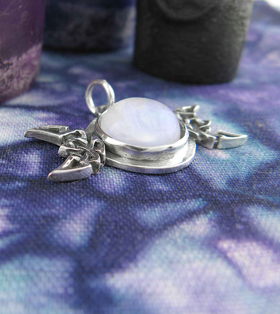 Celtic Triple Moon Goddess Hidden Pentacle Pendant Necklace w/ Moonstone Optional Hidden Pentagram Crescent Phases Witchy Witchcraft Wiccan Pagan Witch
